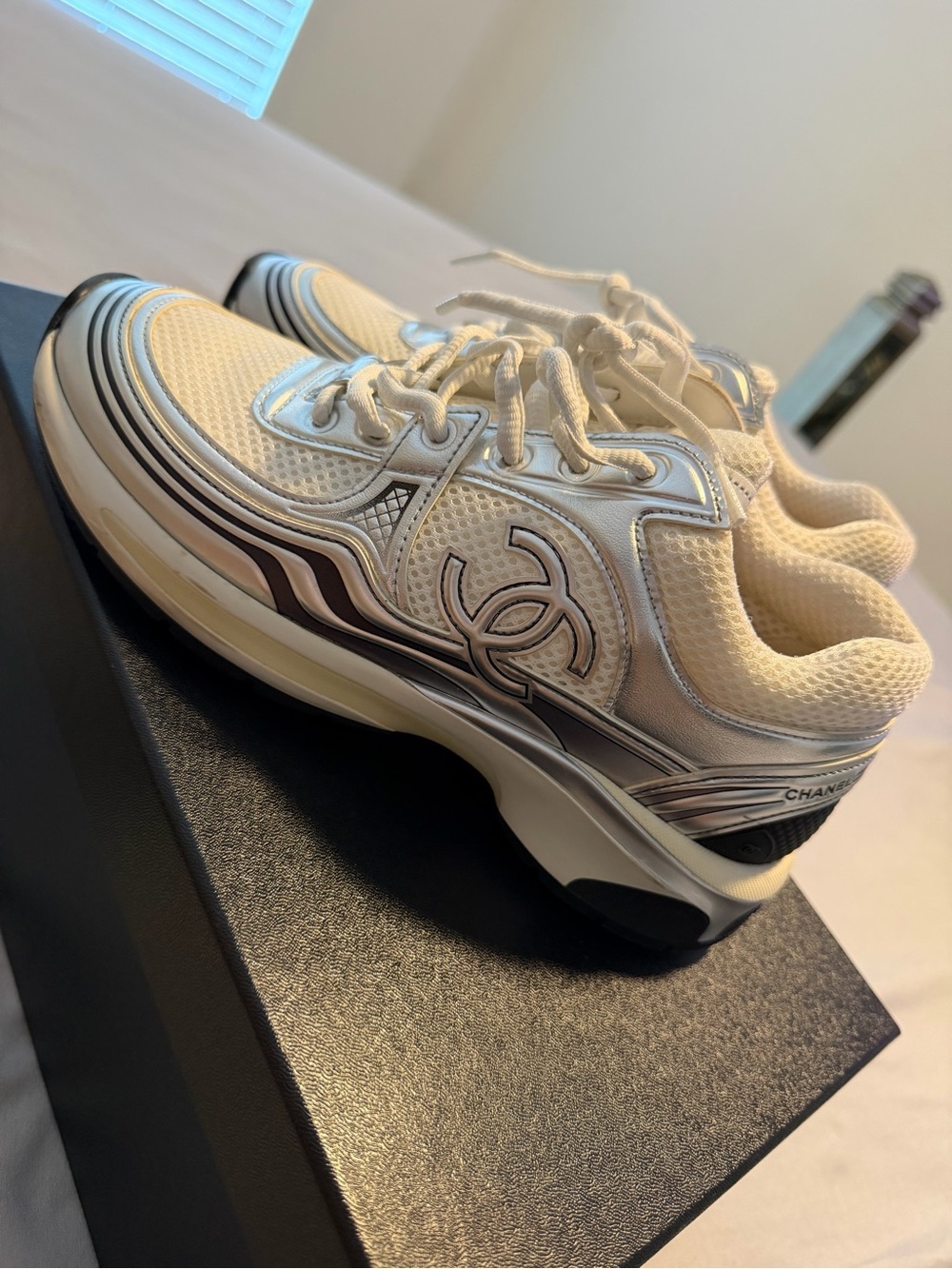 CHANEL Cream & Silver Mesh Sneakers with Logo Detail